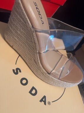 Soda Clear Strap Espadrille Wedge in Tan